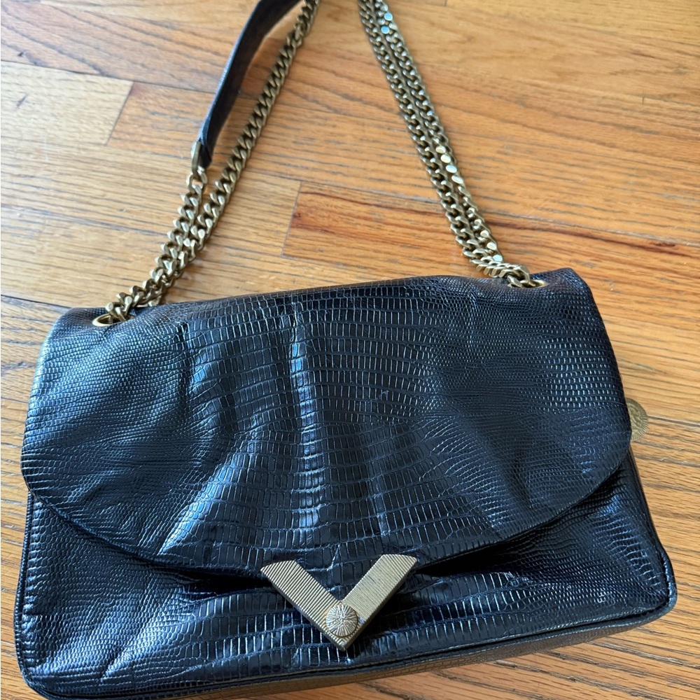 The Kooples Black Textured Shoulder Bag with Gold Chain